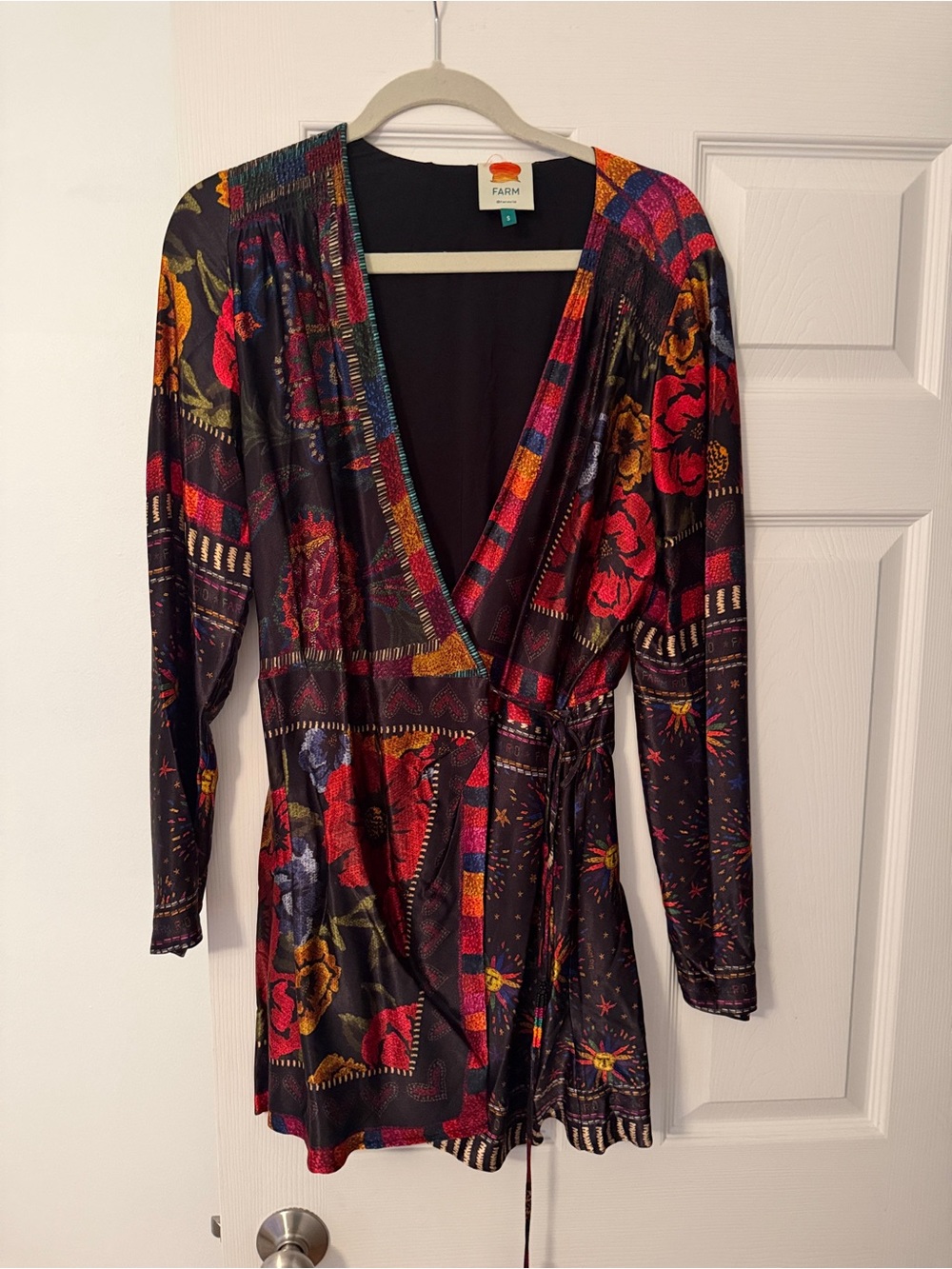 FARM Rio Black Wrap Dress with Multicolor Floral Patchwork